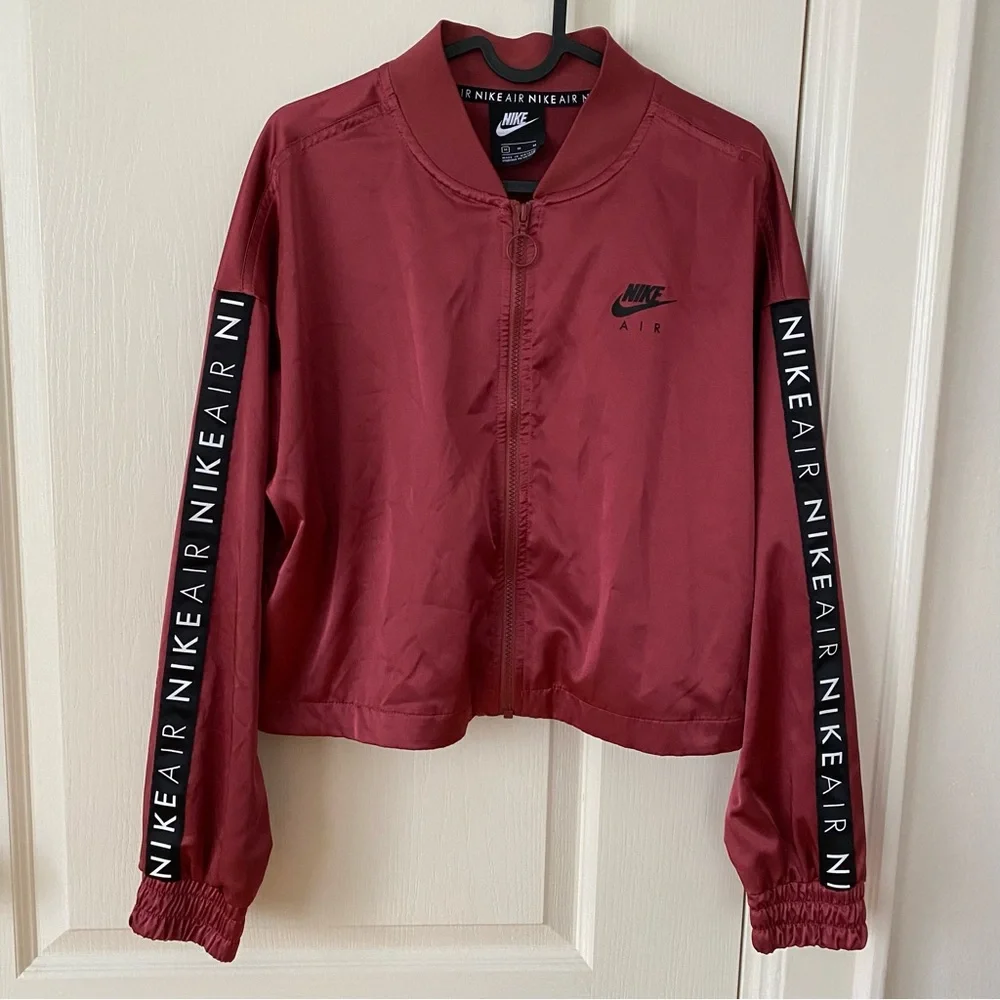 Nike Air Burgundy Satin Zip Up Cropped Loose Fit Track Bomber Jacket Size M - Picture 4 of 15